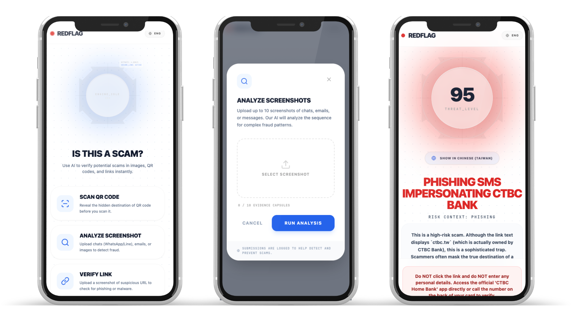 RedFlag - An AI-powered scam detection tool with screenshot analysis, QR code scanning, and link verification.