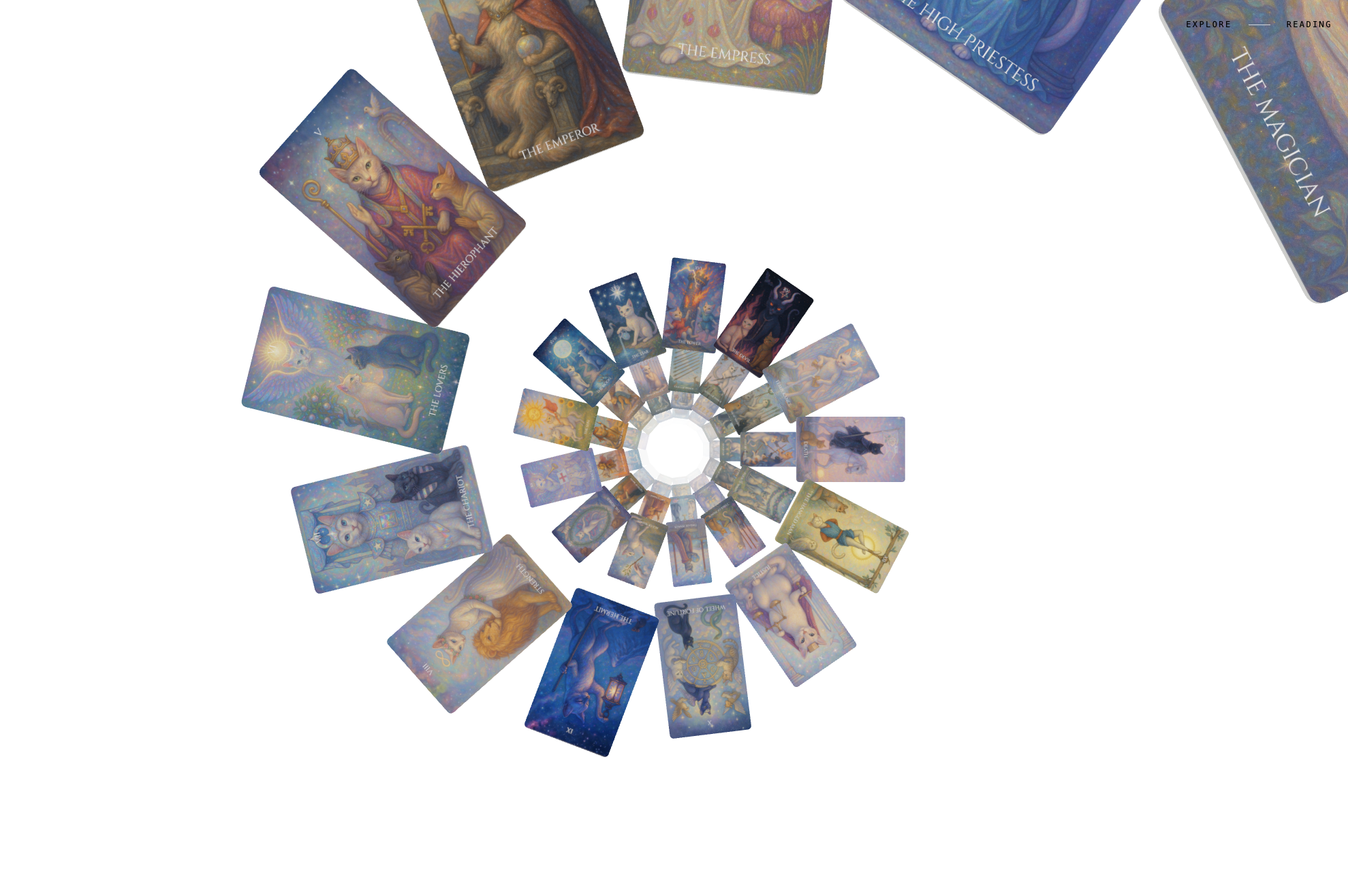 TarotMeow — a 3D tarot reading experience with cat-themed cards arranged in an infinite spiral tunnel.
